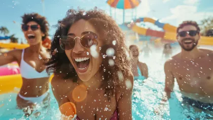 Group of friends having fun and splashing water at a sunny water park with colorful slides.