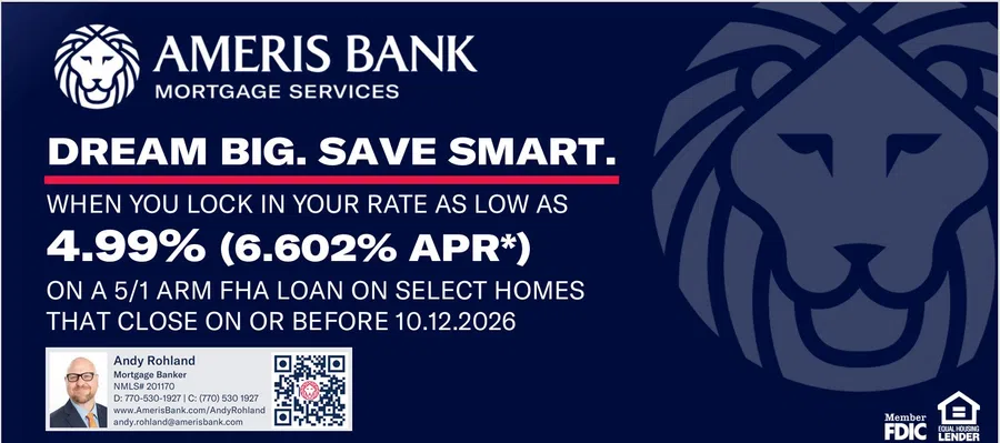 Ameris Bank Spring into Savings mortgage ad with colorful tulip flowers and low 4.99% ARM rate offer.
